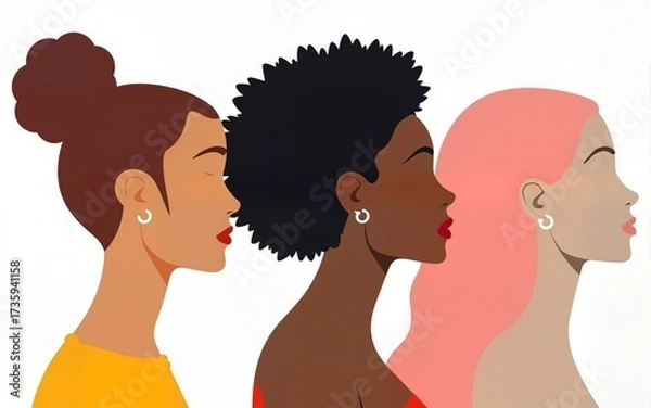 Fototapeta Three diverse women in profile against a white background. The image highlights beauty and unity. High quality
