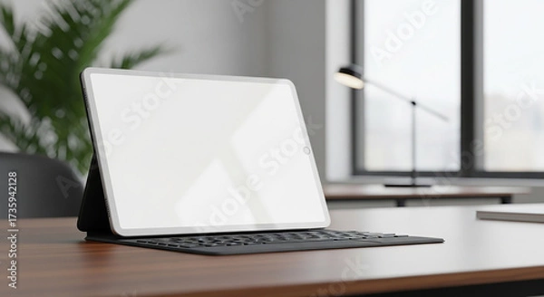 Fototapeta Modern tablet with a blank screen and keyboard attachment on a wooden desk, office interior