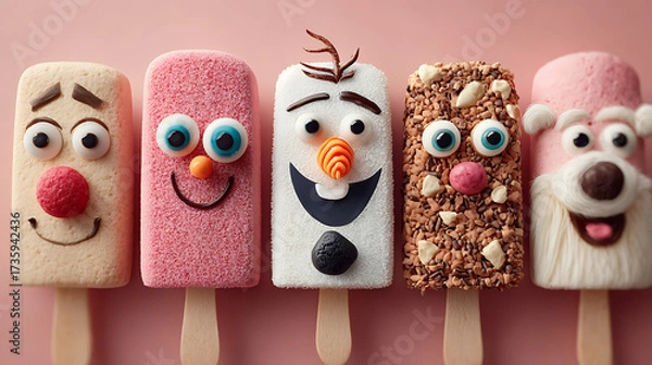 Fototapeta Ice creams stacked as snowman, minimal soft pink backdrop, creative holiday dessert stock image