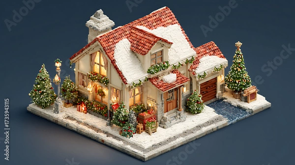 Fototapeta A 3D rendering of a small village with a house, showcasing an isometric exterior in a cozy Christmas atmosphere. Holiday decorations and a dark background highlight the festive New Year's c 61172741 4
