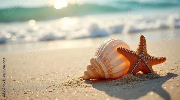 Fototapeta Seashell and Starfish on Sandy Beach with Wave Foam, Tropical Holiday Concept in Soft Sunlight