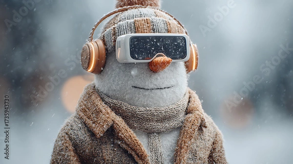 Fototapeta High-tech snowman in elegant coat with VR glasses, snowy day backdrop, festive futuristic Christmas portrait, cool hipster mood