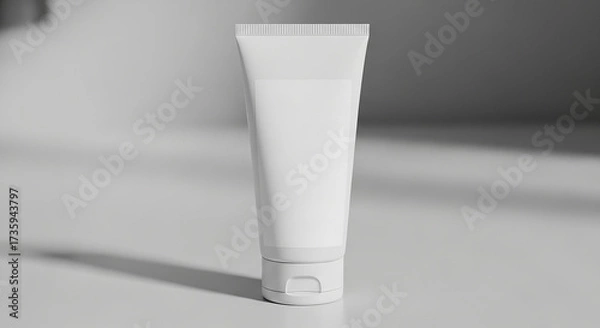 Fototapeta A clean white cosmetic tube with a fliptop cap, standing upright on a white surface, casting a soft shadow, ideal for beauty product mockups and skincare advertising