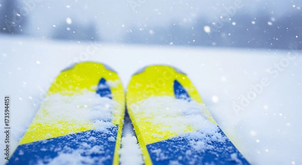 Fototapeta Close-up of yellow and blue skis on snow with falling snowflakes.