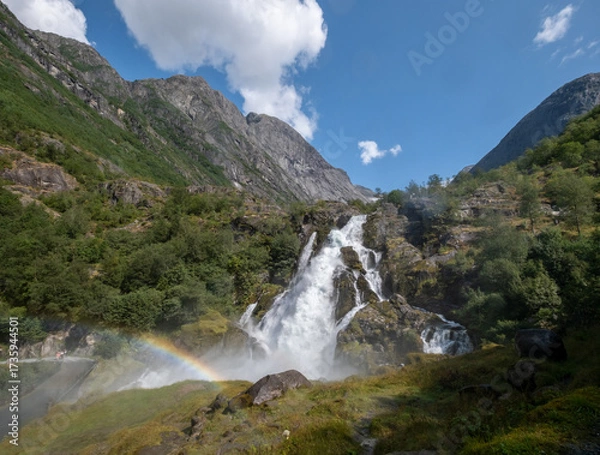 Obraz Rainbow on waterfall Kleivafossen fed by Briksdal Glacier. Norway