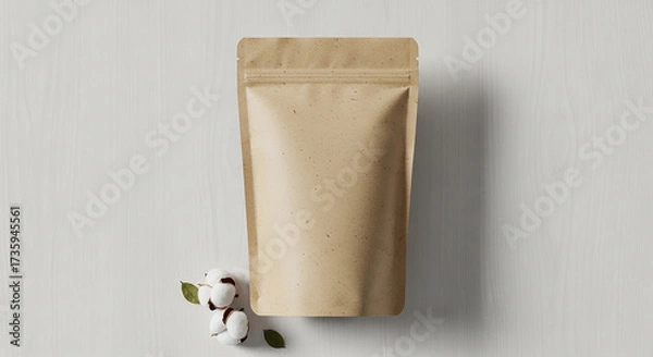 Fototapeta Blank kraft paper standup pouch with zipper closure and cotton sprigs on a light wooden surface, isolated on white background