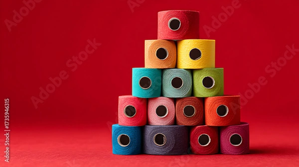 Fototapeta Unique Christmas card illustration, recycled toilet paper rolls forming tree, vibrant red background, minimalist festive style