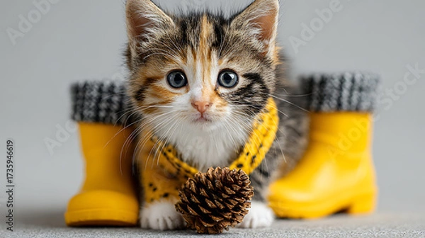 Fototapeta Cute fluffy kitten wearing colorful rain boots, holding a pinecone with tiny paws, blank pastel background, whimsical gift card concept