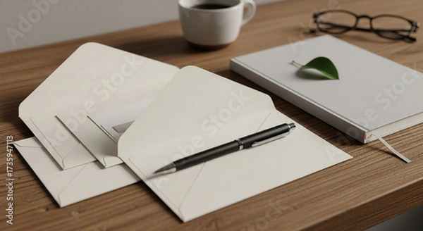 Fototapeta A desk scene with open envelopes, a pen, a coffee cup, glasses, and a notebook with a green leaf