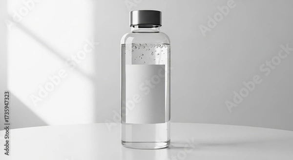 Fototapeta Clear glass bottle with a silver cap and a blank white label, filled with clear liquid, set against a soft, shadowed background