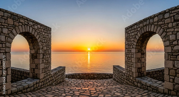 Fototapeta Sunset view through two stone arches overlooking a calm sea.