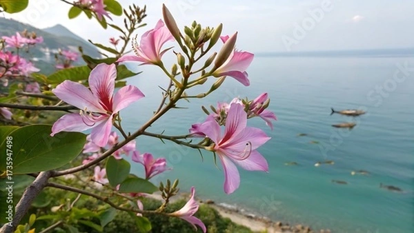 Fototapeta Pink Bauhinia Flowers Blooming Over Teal Sea Distant Boats Hong Kong Orchid Tree Pink Flowers Blooming Flowers