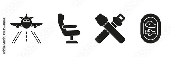 Fototapeta Airplane Travel Essentials Solid Icon Set. Aviation, Passenger Comfort, And In-Flight Safety Silhouette Symbol Collection. Aircraft, Seat, Seatbelt, And Window View. Isolated Vector Illustration