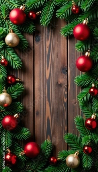 Fototapeta Festive fir branches & baubles frame rustic wood Xmas/New Year card , xmas, vintage