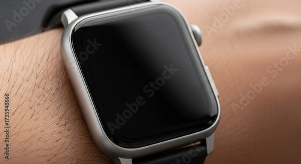Fototapeta Closeup of a persons wrist wearing a modern smartwatch with a blank black screen, showcasing technology and style