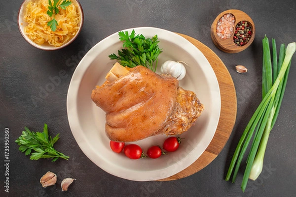 Fototapeta Juicy cooked pork knuckle served on a plate with fresh parsley, garlic, cherry tomatoes, and sauerkraut on the side
