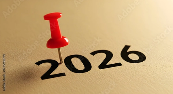 Fototapeta Red push pin stuck and marking the year "2026" on a calendar, planner brown paper surface 