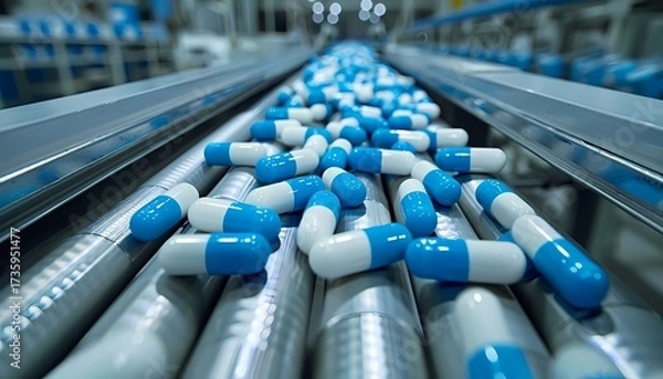 Fototapeta blue and white capsule pills on a production line in a factory