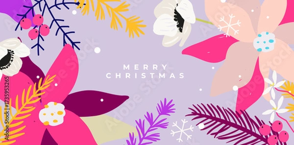 Obraz Merry Christmas greeting card, banner, poster, cover. Modern beautiful Xmas art design with hand drawn flowers, holly berries, snowflakes pattern and typography. 