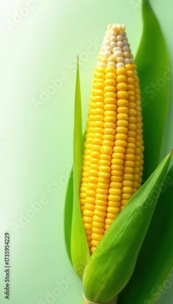 Fototapeta Fresh corn cob, golden kernels, rests on vibrant green leaves , summer, maize, field