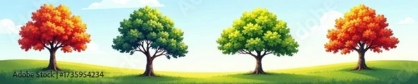 Fototapeta Four diverse trees, serene landscape, vector illustration, flora, graphic, image