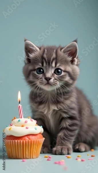 Fototapeta Gray kitten with fluffy fur, next to festive cupcake with candle , whiskers, pet