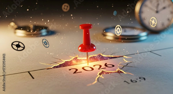 Fototapeta Red push pin stuck and marking the year "2026" on a calendar, planner brown paper surface 