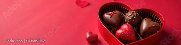 Fototapeta Luxury chocolate pralines in elegant red heart-shaped box, top view , luxury chocolates, heart, love