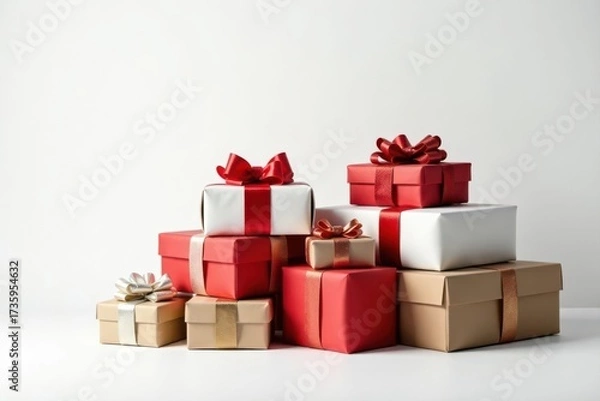 Fototapeta Pile of festively wrapped Christmas & New Year gifts with bows and ribbons on a white background , present, element, illustration
