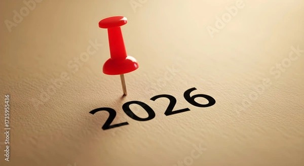 Fototapeta Red push pin stuck and marking the year "2026" on a calendar, planner brown paper surface 