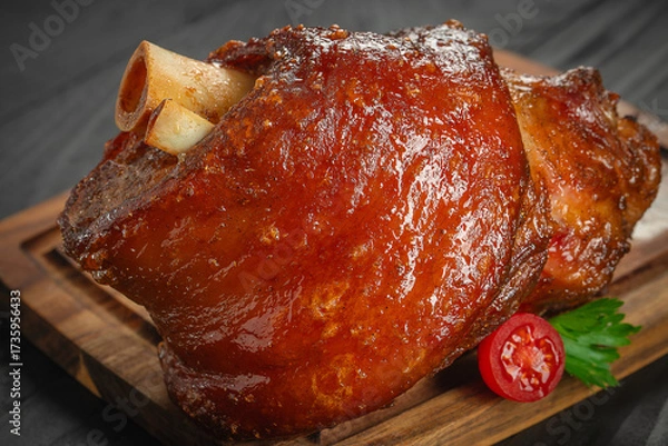 Fototapeta roasted pork knuckle with crispy glazed skin, served with cherry tomato and parsley on a wooden board
