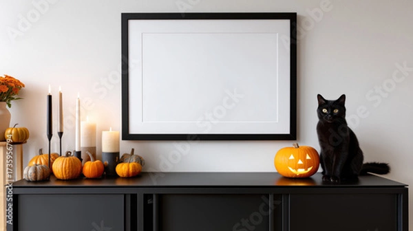 Fototapeta Blank mockup horizontal frame above a sideboard decorated with pumpkins, lit candles, and a black cat
