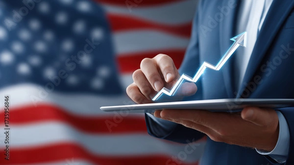 Fototapeta Businessman using digital tablet with rising financial chart against US flag background