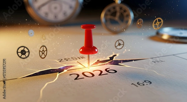 Fototapeta Red push pin stuck and marking the year "2026" on a calendar, planner brown paper surface 