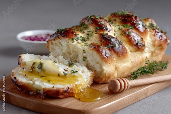 Fototapeta Braided challah bread with a golden crust sliced on a wooden board, drizzled with honey and topped with fresh herbs, creating a delicious and inviting scene