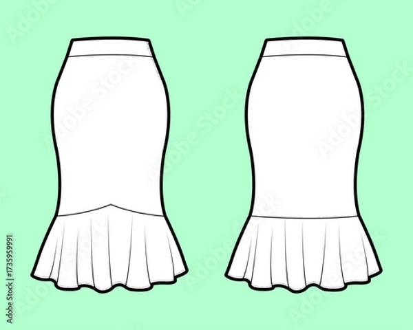 Fototapeta Shaped Yoke Mermaid Skirt with Gathered Flounce Hem Technical Flat Sketch