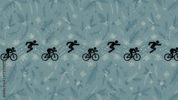 Fototapeta Cyclists and runners alternating on a winter themed background with snowflakes and pine branches design