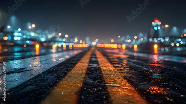 Fototapeta Close-up of runway lights with soft halo glow, polished tarmac reflecting colors, airport structures blurred in background, cinematic nighttime feel