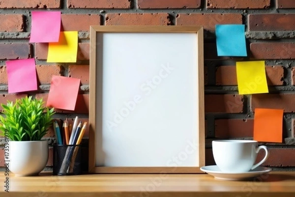 Fototapeta Empty frame, coffee, office supplies, colorful notes on brick wall , empty frame, notepad