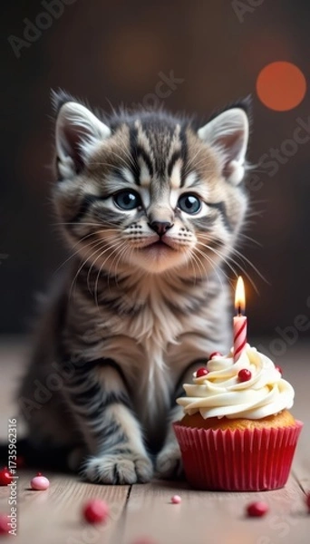 Fototapeta Gray kitten with fluffy fur, next to festive cupcake with candle , small, food, weeks