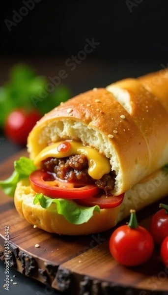 Fototapeta Juicy fillings overflow from a freshly baked sub roll , appetizer, meal, foodie