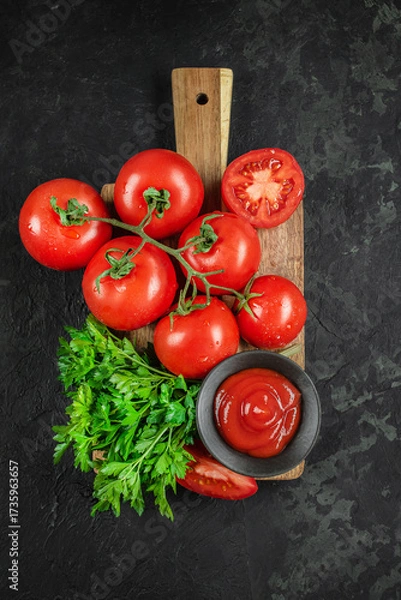 Fototapeta Top view of ripe tomatoes with parsley and a bowl of ketchup on a wooden board over dark background
