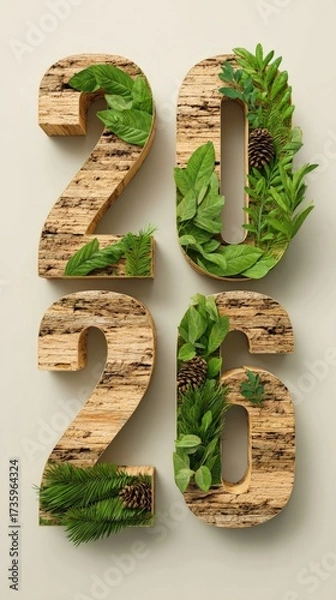 Fototapeta Nature and seasonal celebration concept, vertical 2026 numbers made of rustic wood, pinecones, leaves and acorns on light background, иллюстрация Concept: natural elements, seasonal design