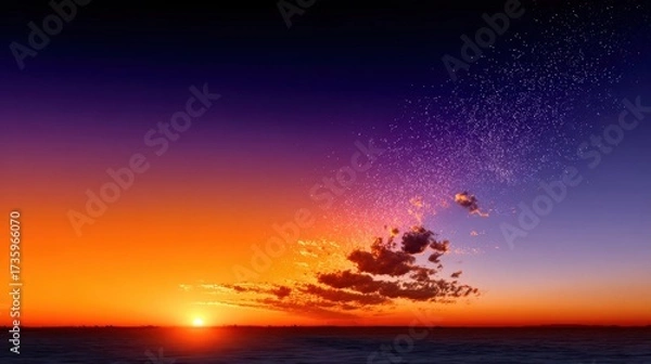 Fototapeta Vibrant sunset over calm ocean waters, with a gradient of orange, purple, and blue hues, creating a serene atmosphere and reflecting light on the water's surface