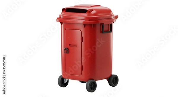 Fototapeta Red plastic wheeled trash bin with side door and handles on white background, perfect for waste management and outdoor cleaning