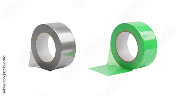 Fototapeta Rolls of green and silver adhesive tape isolated on white background, useful for packaging and crafting projects