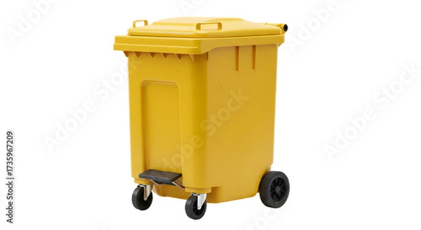 Obraz Yellow industrial wheeled garbage bin isolated on white background, perfect for waste management and recycling