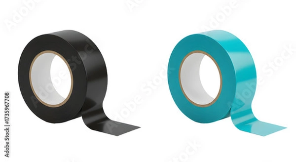 Fototapeta Two rolls of adhesive tape in black and blue colors isolated on white background, perfect for office and home use