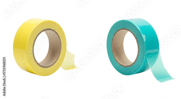 Fototapeta Two rolls of adhesive tape in yellow and teal colors isolated on white background, useful for crafting and office supplies