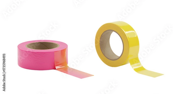 Fototapeta Two rolls of brightly colored sticky tape in pink and yellow isolated on white background, perfect for crafts and office use
